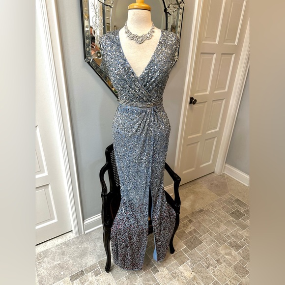 NWT Mac Duggal Gorgeous Blue Goddess Sexy Seqin To The Floor High Slit Gown - Picture 10 of 16